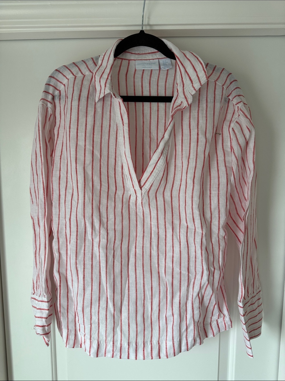 Martha Stewart 100% linen White Tunic with Red Vertical Stripes